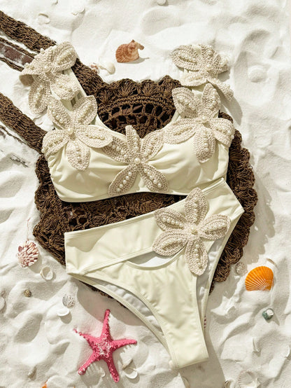 Bonvoyette Spring/Summer Girls Fashion Hot-Selling Sexy Elegant Vacation Bikini Set With Randomly Placed Starfish And Pearl Decor Beach Beige