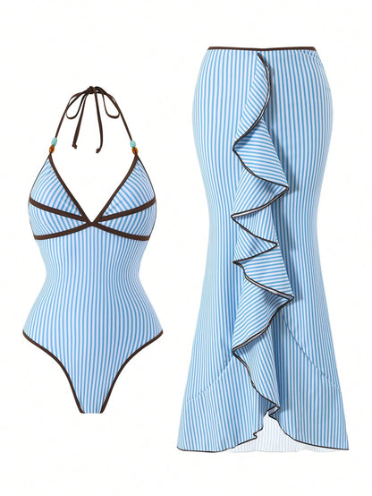 Bonvoyette Striped Print Contrast Color Spaghetti Strap One-Piece Swimsuit With Striped Maxi Skirt 2 Pieces Set