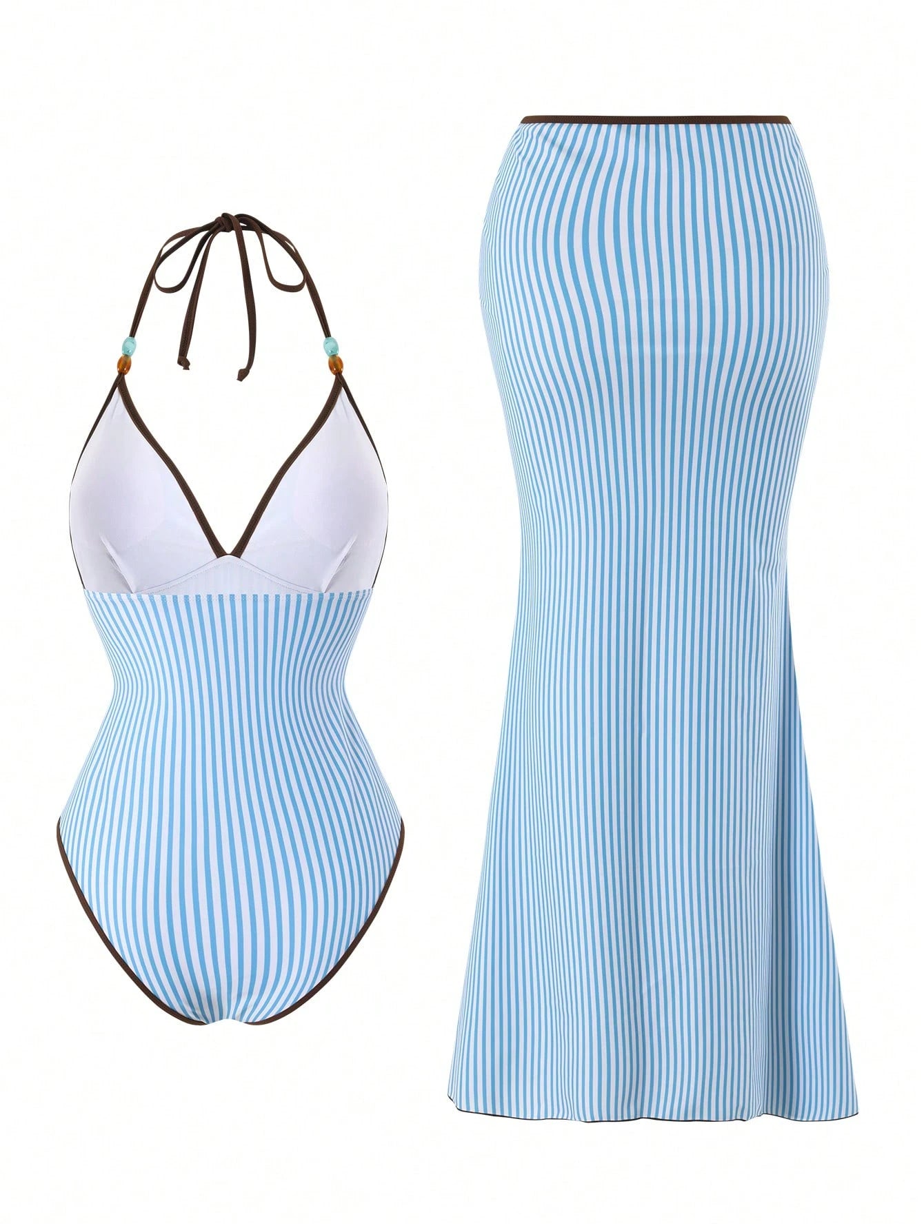 Bonvoyette Striped Print Contrast Color Spaghetti Strap One-Piece Swimsuit With Striped Maxi Skirt 2 Pieces Set