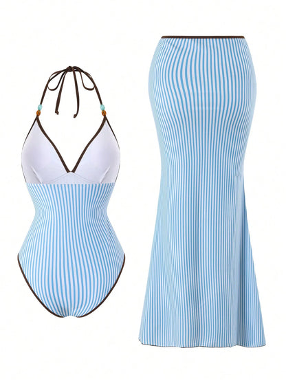 Bonvoyette Striped Print Contrast Color Spaghetti Strap One-Piece Swimsuit With Striped Maxi Skirt 2 Pieces Set