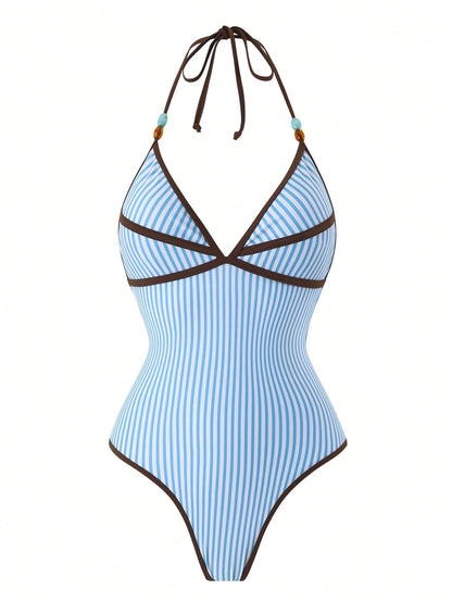 Bonvoyette Striped Print Contrast Color Spaghetti Strap One-Piece Swimsuit With Striped Maxi Skirt 2 Pieces Set