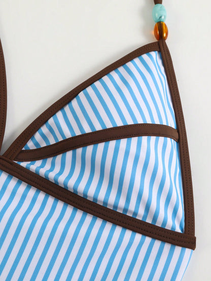 Bonvoyette Striped Print Contrast Color Spaghetti Strap One-Piece Swimsuit With Striped Maxi Skirt 2 Pieces Set