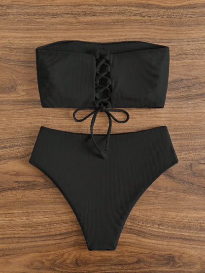 Bonvoyette Summer Beach Solid Bandeau High Waisted Bikini