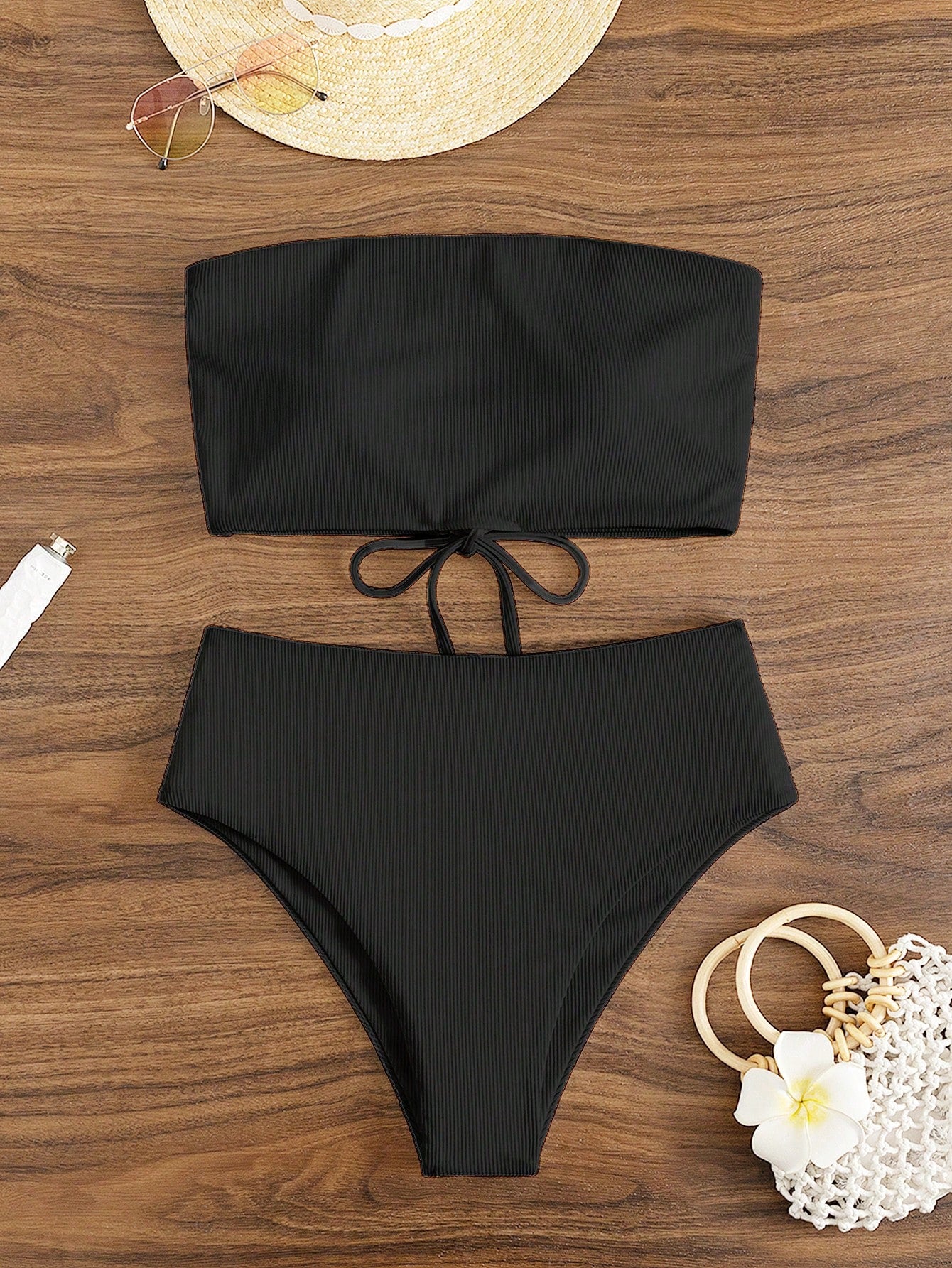 Bonvoyette Summer Beach Solid Bandeau High Waisted Bikini