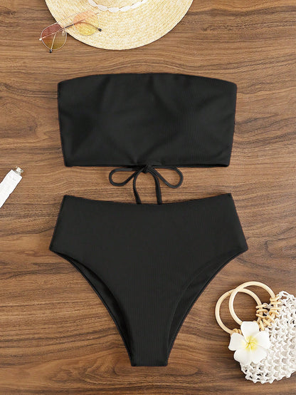 Bonvoyette Summer Beach Solid Bandeau High Waisted Bikini