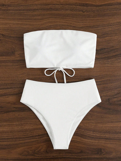 Bonvoyette Summer Beach Solid Bandeau High Waisted Bikini