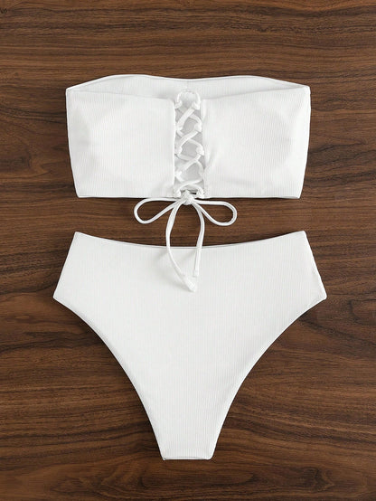 Bonvoyette Summer Beach Solid Bandeau High Waisted Bikini