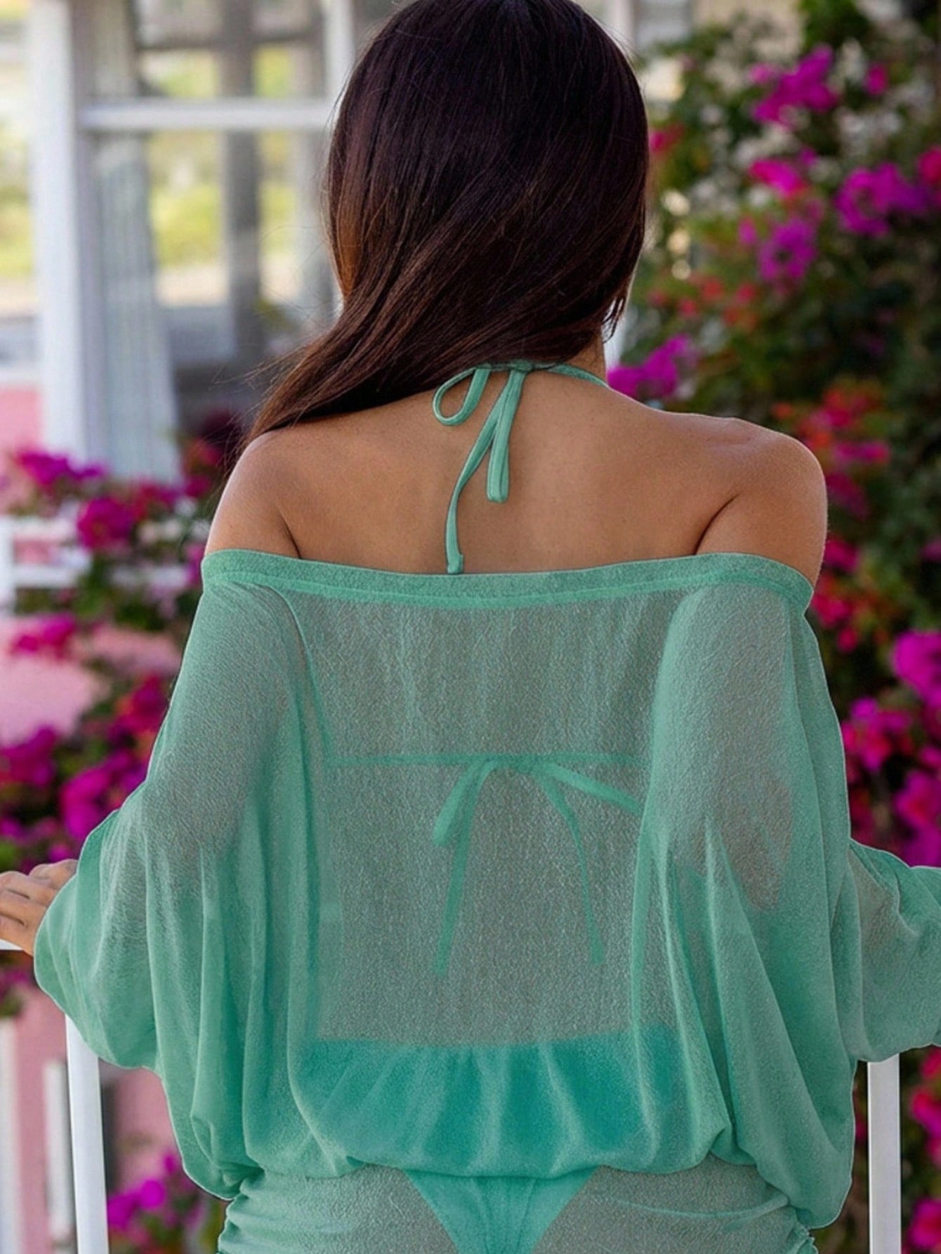 Bonvoyette Women's Teal Sheer Loose Long Sleeve Casual Tropical Summer Fashion Cover-Up Holiday Beach Vacation Holiday Vacation