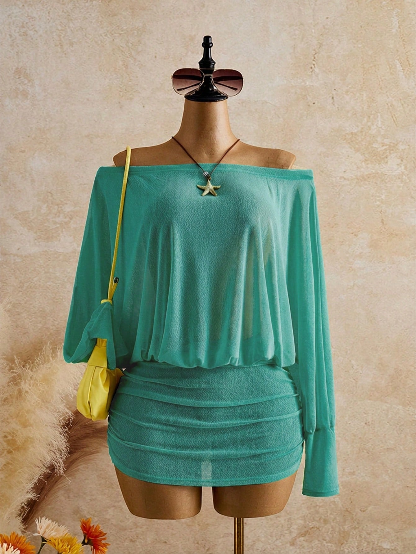 Bonvoyette Women's Teal Sheer Loose Long Sleeve Casual Tropical Summer Fashion Cover-Up Holiday Beach Vacation Holiday Vacation