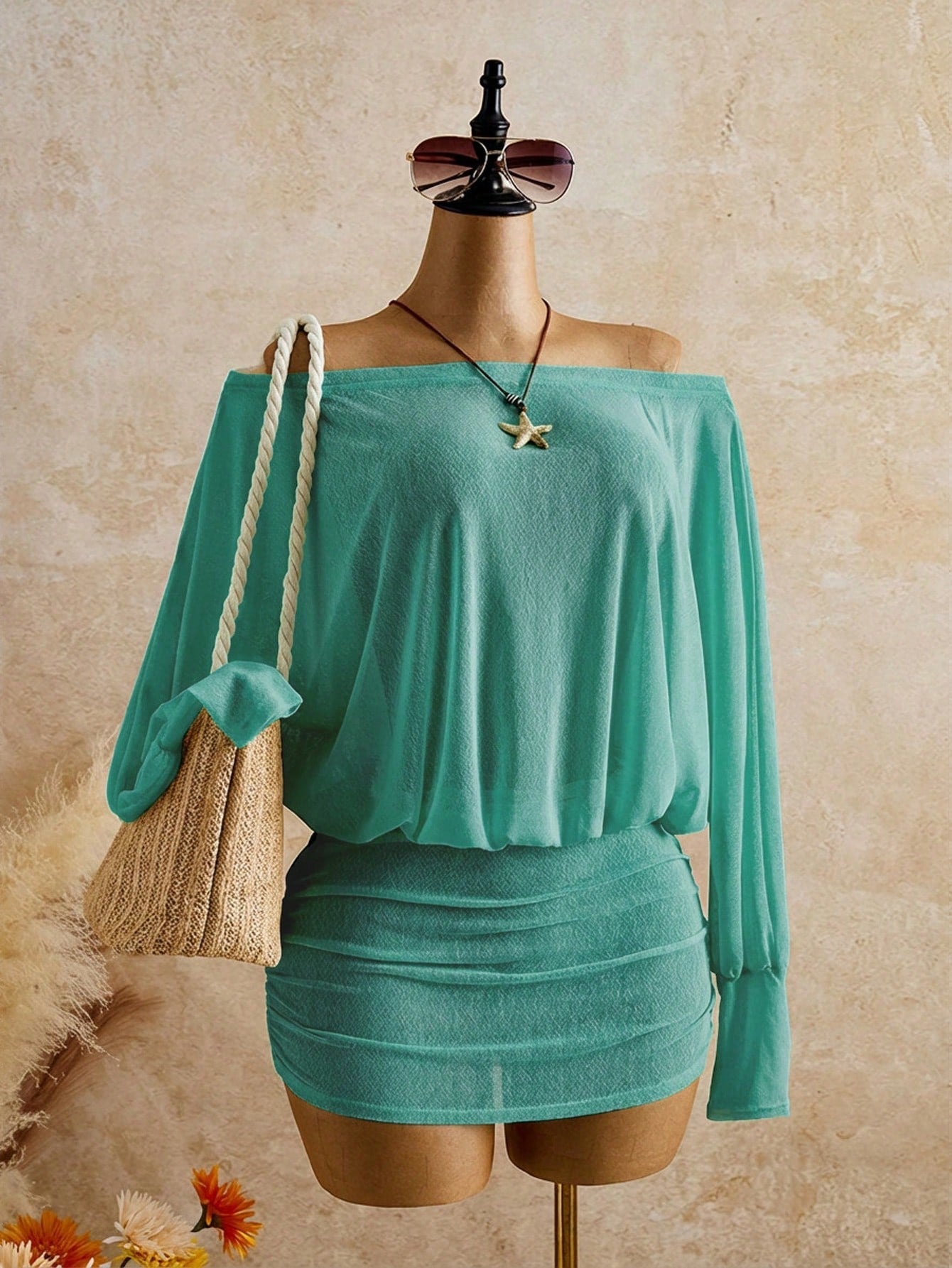 Bonvoyette Women's Teal Sheer Loose Long Sleeve Casual Tropical Summer Fashion Cover-Up Holiday Beach Vacation Holiday Vacation
