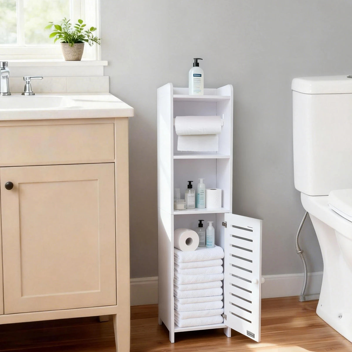 BorealBear 1 PC Independent White Bathroom Cabinet, Toilet Paper Storage Cabinet, Multi-Tier Storage Shelf, Made Of Durable Wood-Plastic Material, With Door For Moisture And Dust Prevention, Suitable