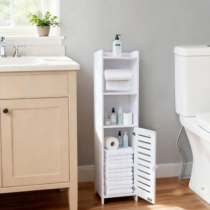 BorealBear 1 PC Independent White Bathroom Cabinet, Toilet Paper Storage Cabinet, Multi-Tier Storage Shelf, Made Of Durable Wood-Plastic Material, With Door For Moisture And Dust Prevention, Suitable