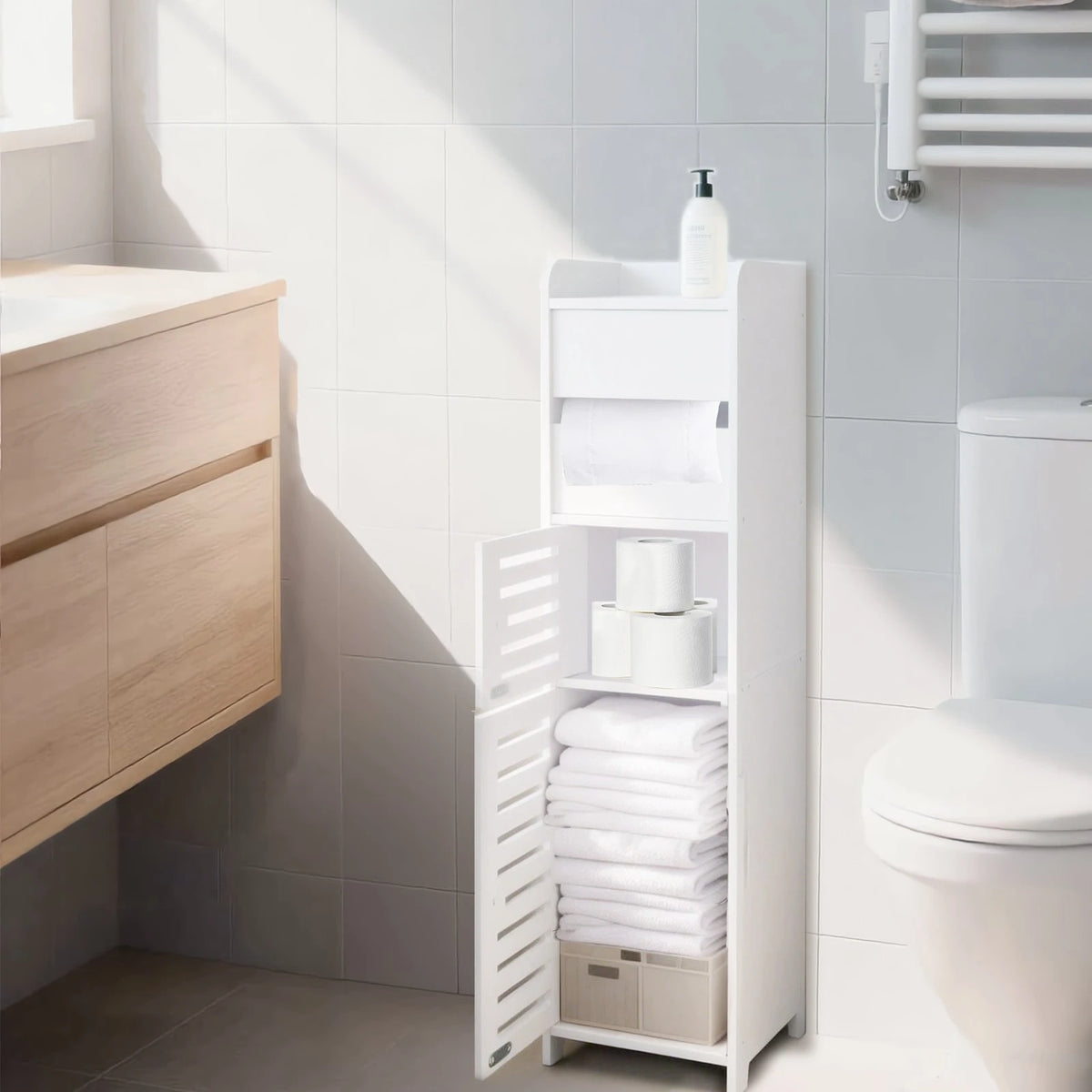 BorealBear 1 PC Independent White Bathroom Cabinet, Toilet Paper Storage Cabinet, Multi-Tier Storage Shelf, Made Of Durable Wood-Plastic Material, With Door For Moisture And Dust Prevention, Suitable