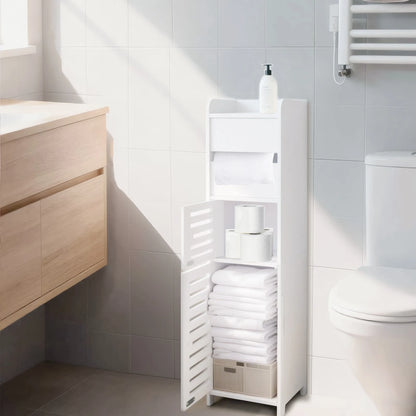 BorealBear 1 PC Independent White Bathroom Cabinet, Toilet Paper Storage Cabinet, Multi-Tier Storage Shelf, Made Of Durable Wood-Plastic Material, With Door For Moisture And Dust Prevention, Suitable