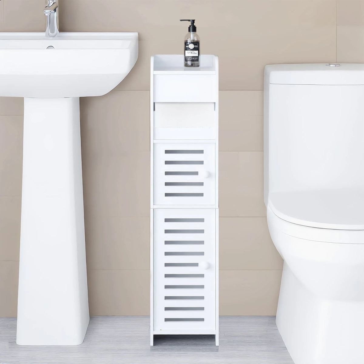 BorealBear 1 PC Independent White Bathroom Cabinet, Toilet Paper Storage Cabinet, Multi-Tier Storage Shelf, Made Of Durable Wood-Plastic Material, With Door For Moisture And Dust Prevention, Suitable