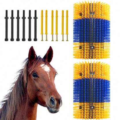 BouPower 2PCS Heavy-Duty Livestock Grooming Brushes, Flexible Animal Back Scratcher For Cows, Horses, Goats- Includes Mounting Hardware