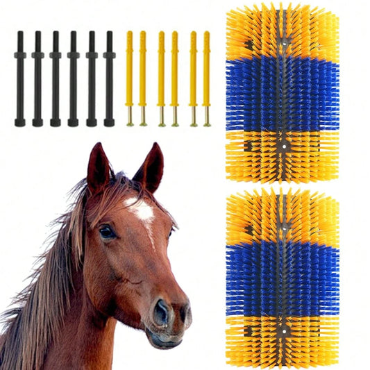 BouPower 2PCS Heavy-Duty Livestock Grooming Brushes, Flexible Animal Back Scratcher For Cows, Horses, Goats- Includes Mounting Hardware
