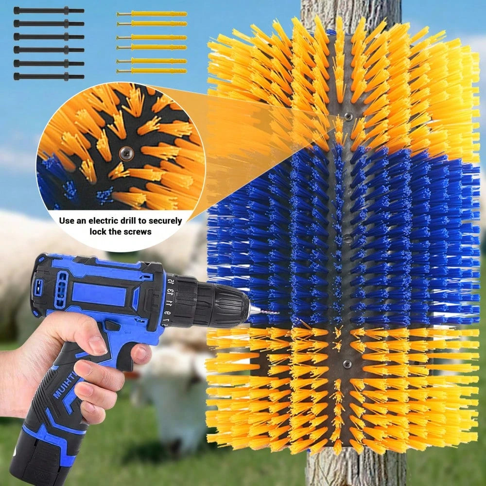 BouPower 2PCS Heavy-Duty Livestock Grooming Brushes, Flexible Animal Back Scratcher For Cows, Horses, Goats- Includes Mounting Hardware