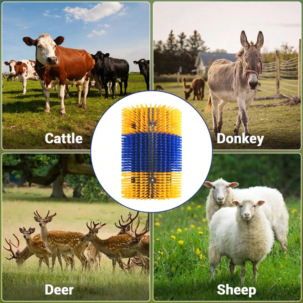 BouPower 2PCS Heavy-Duty Livestock Grooming Brushes, Flexible Animal Back Scratcher For Cows, Horses, Goats- Includes Mounting Hardware