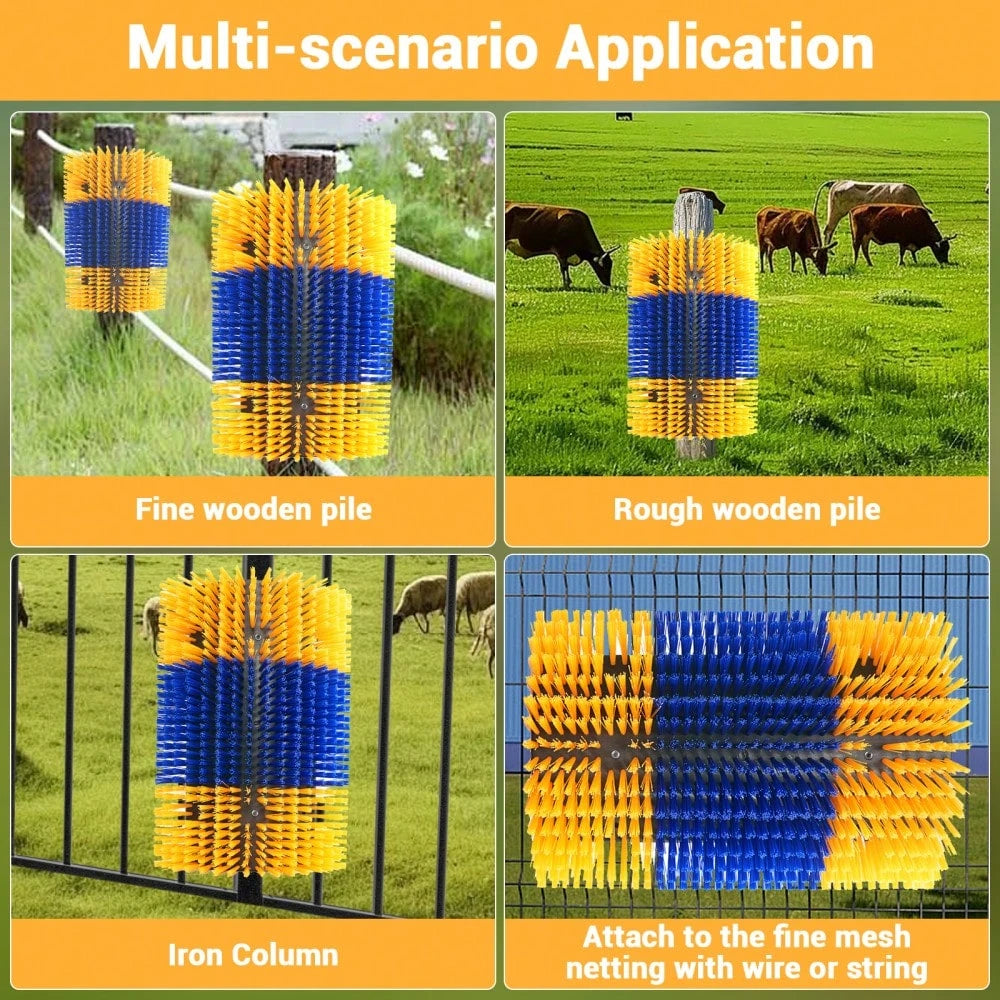 BouPower 2PCS Heavy-Duty Livestock Grooming Brushes, Flexible Animal Back Scratcher For Cows, Horses, Goats- Includes Mounting Hardware