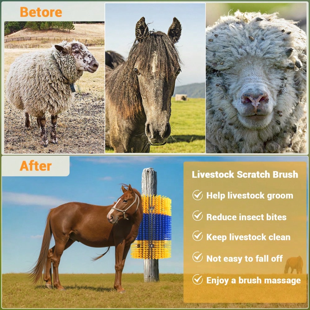 BouPower 2PCS Heavy-Duty Livestock Grooming Brushes, Flexible Animal Back Scratcher For Cows, Horses, Goats- Includes Mounting Hardware