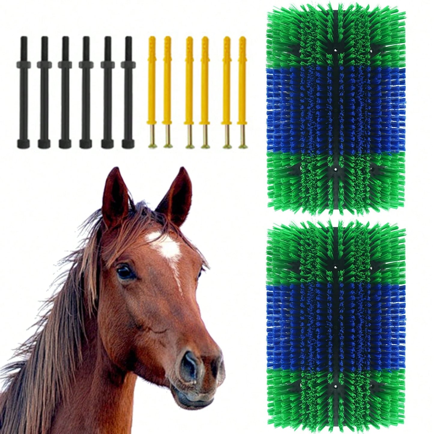 BouPower 2PCS Heavy-Duty Livestock Grooming Brushes, Flexible Animal Back Scratcher For Cows, Horses, Goats- Includes Mounting Hardware