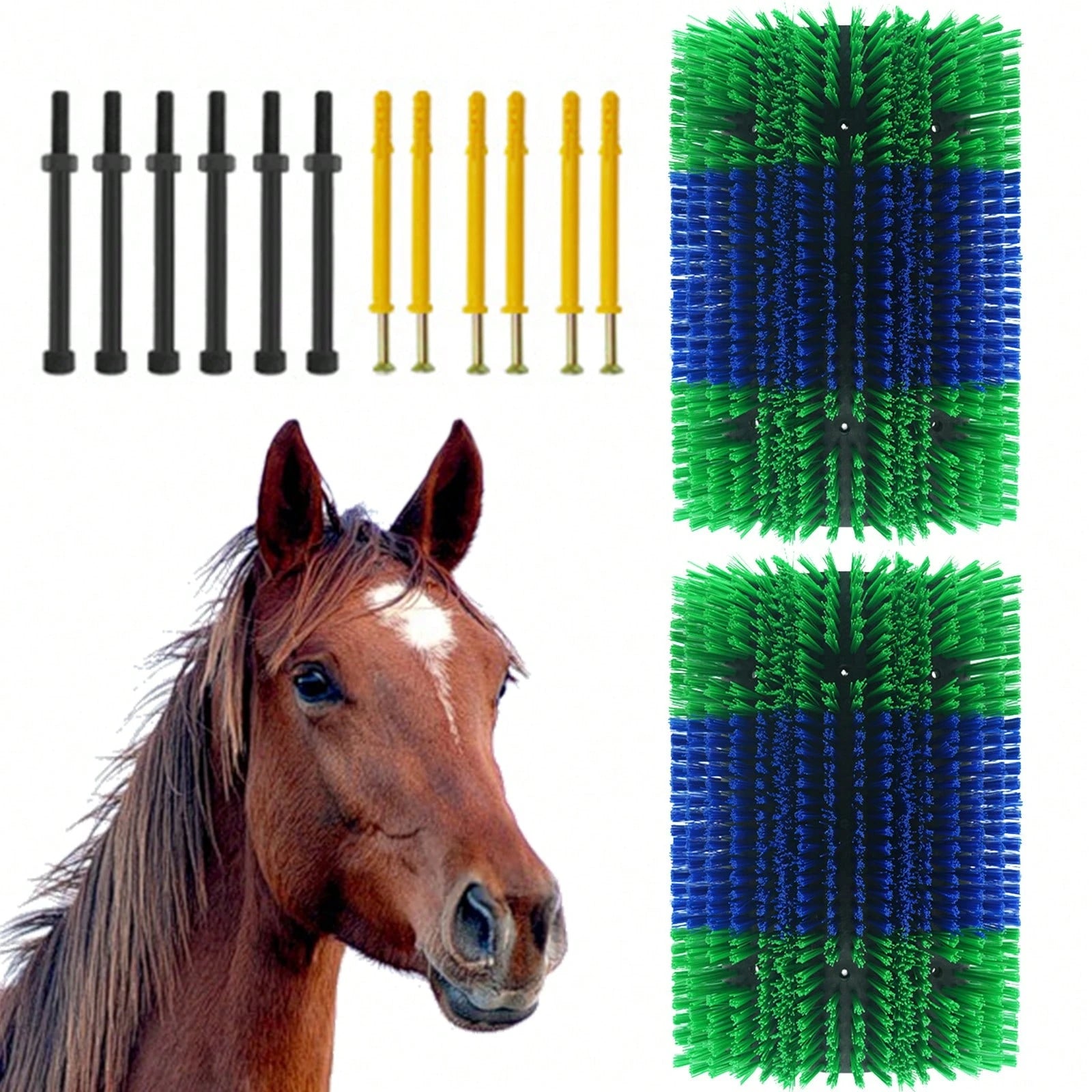 BouPower 2PCS Heavy-Duty Livestock Grooming Brushes, Flexible Animal Back Scratcher For Cows, Horses, Goats- Includes Mounting Hardware