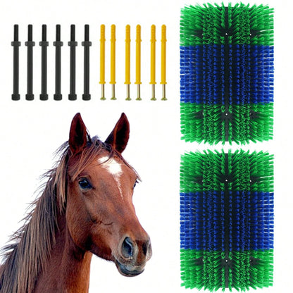 BouPower 2PCS Heavy-Duty Livestock Grooming Brushes, Flexible Animal Back Scratcher For Cows, Horses, Goats- Includes Mounting Hardware