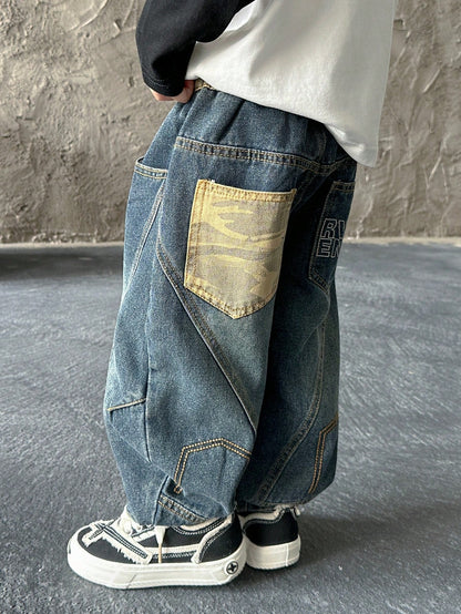 Boys' Loose Fit Straight Leg Jeans, Suitable For Casual, School, Outdoor Wear, Autumn