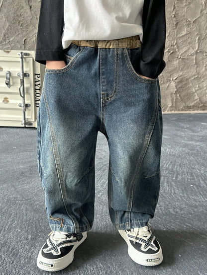 Boys' Loose Fit Straight Leg Jeans, Suitable For Casual, School, Outdoor Wear, Autumn