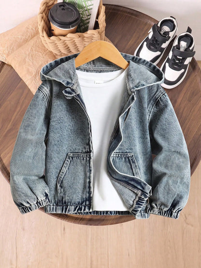 Boys' New Vintage Mid-Blue Washed Denim Hooded Jacket, American Street Style, Brand, Premium Cool Niche Denim Jacket, Comfortable Soft Fabric, Suitable For Casual Outings And Outdoor Wear, Perfect Mat
