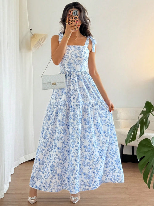Breezaya French Elegant White And Blue Floral Summer Long Dress,Sleeveless V-Neck Pleated Flounce Ruffled Holiday Tea Party Dress,Women Vacation Gown,Holiday