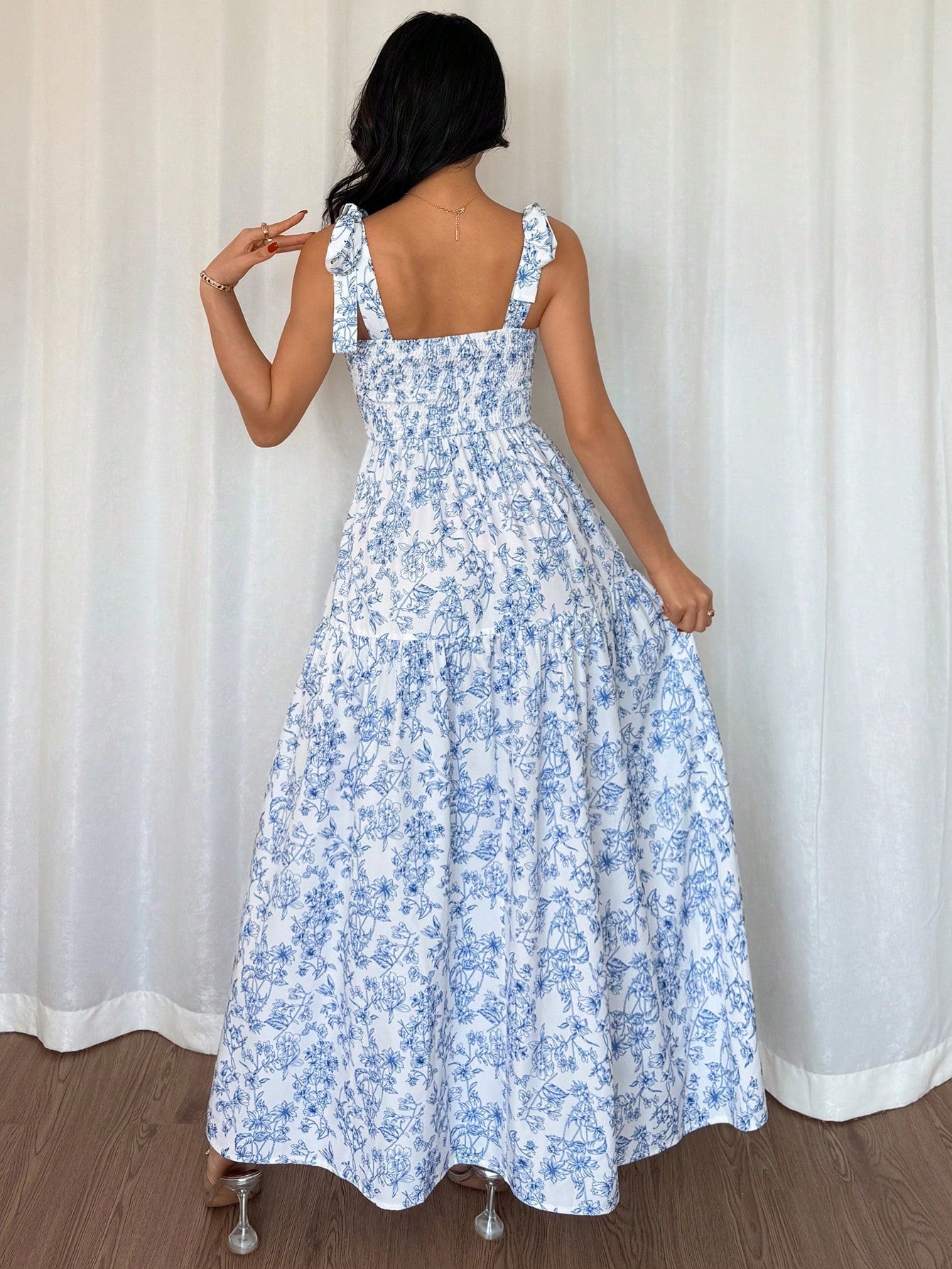 Breezaya French Elegant White And Blue Floral Summer Long Dress,Sleeveless V-Neck Pleated Flounce Ruffled Holiday Tea Party Dress,Women Vacation Gown,Holiday