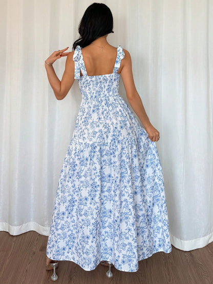 Breezaya French Elegant White And Blue Floral Summer Long Dress,Sleeveless V-Neck Pleated Flounce Ruffled Holiday Tea Party Dress,Women Vacation Gown,Holiday