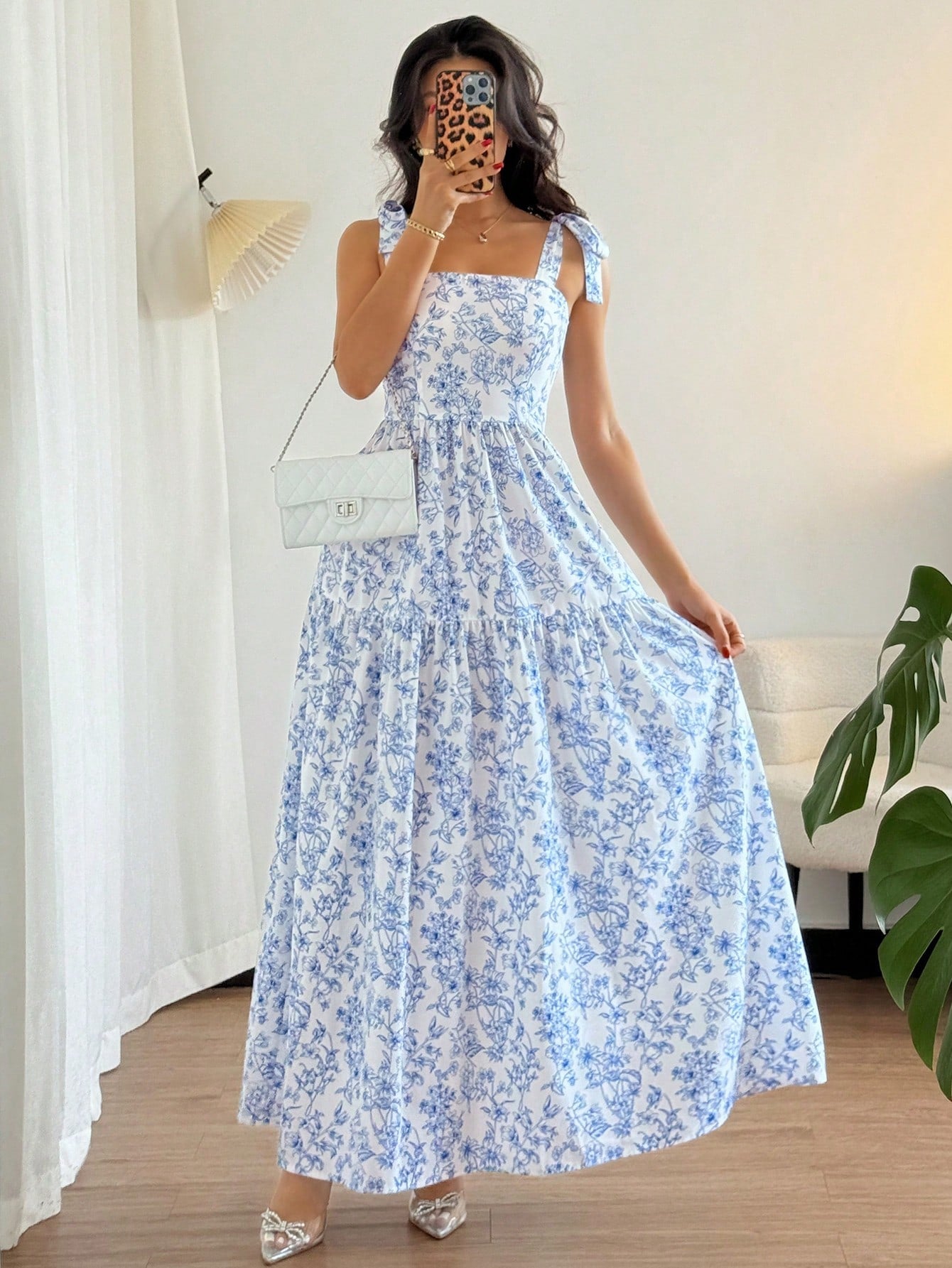 Breezaya French Elegant White And Blue Floral Summer Long Dress,Sleeveless V-Neck Pleated Flounce Ruffled Holiday Tea Party Dress,Women Vacation Gown,Holiday