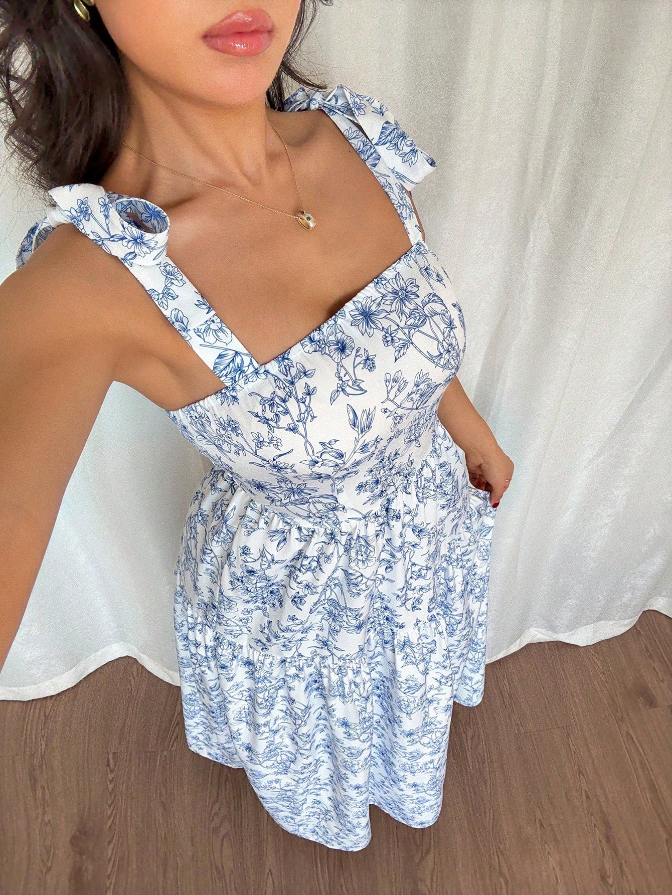 Breezaya French Elegant White And Blue Floral Summer Long Dress,Sleeveless V-Neck Pleated Flounce Ruffled Holiday Tea Party Dress,Women Vacation Gown,Holiday