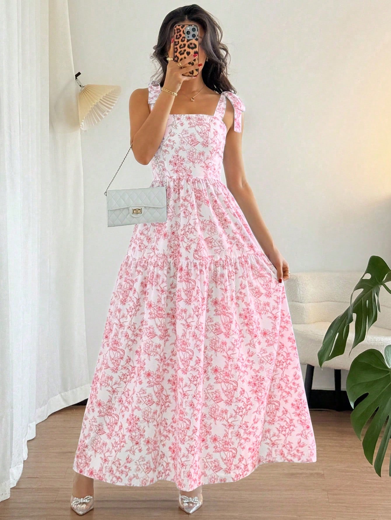 Breezaya French Elegant White And Blue Floral Summer Long Dress,Sleeveless V-Neck Pleated Flounce Ruffled Holiday Tea Party Dress,Women Vacation Gown,Holiday