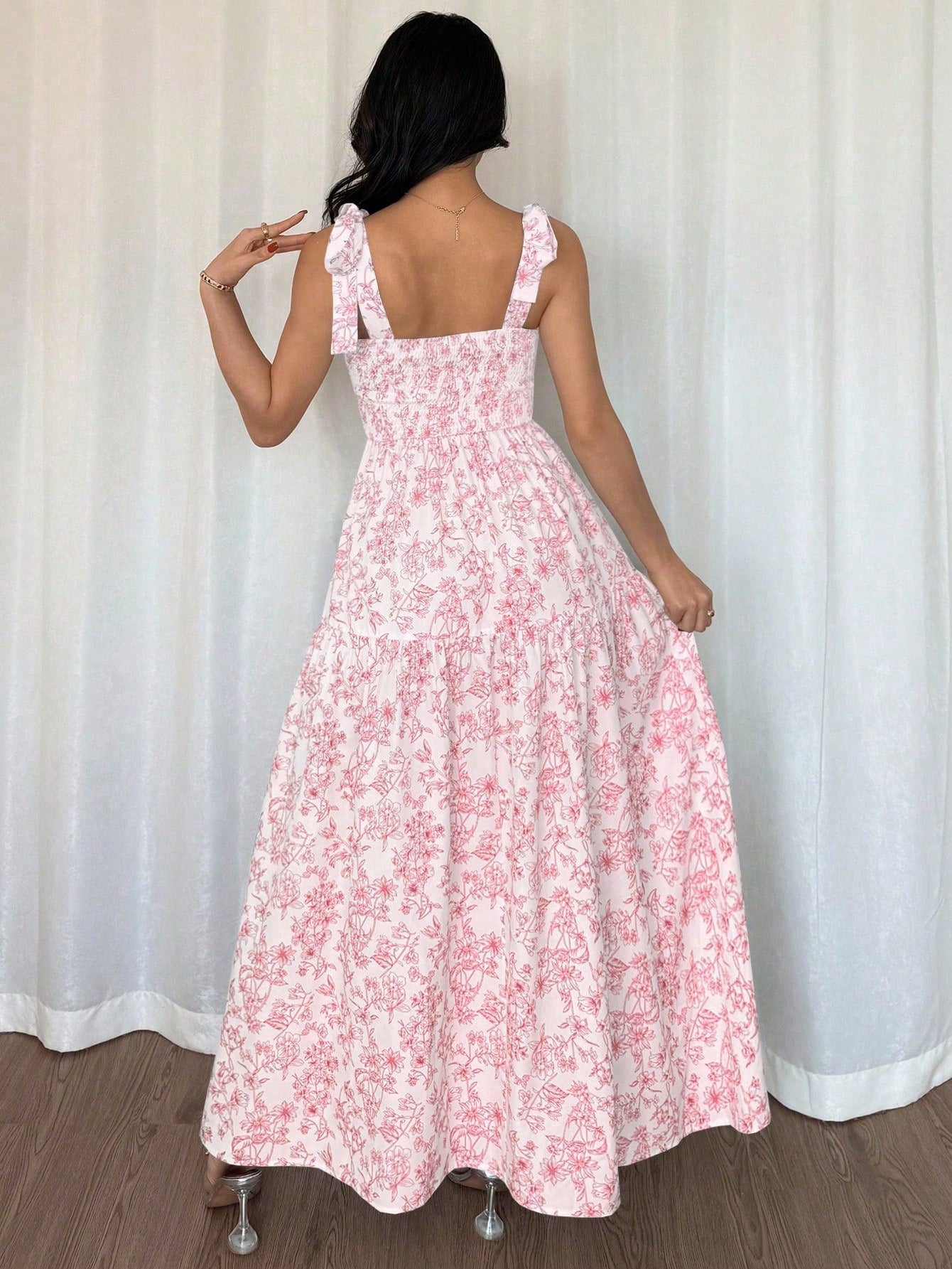 Breezaya French Elegant White And Blue Floral Summer Long Dress,Sleeveless V-Neck Pleated Flounce Ruffled Holiday Tea Party Dress,Women Vacation Gown,Holiday
