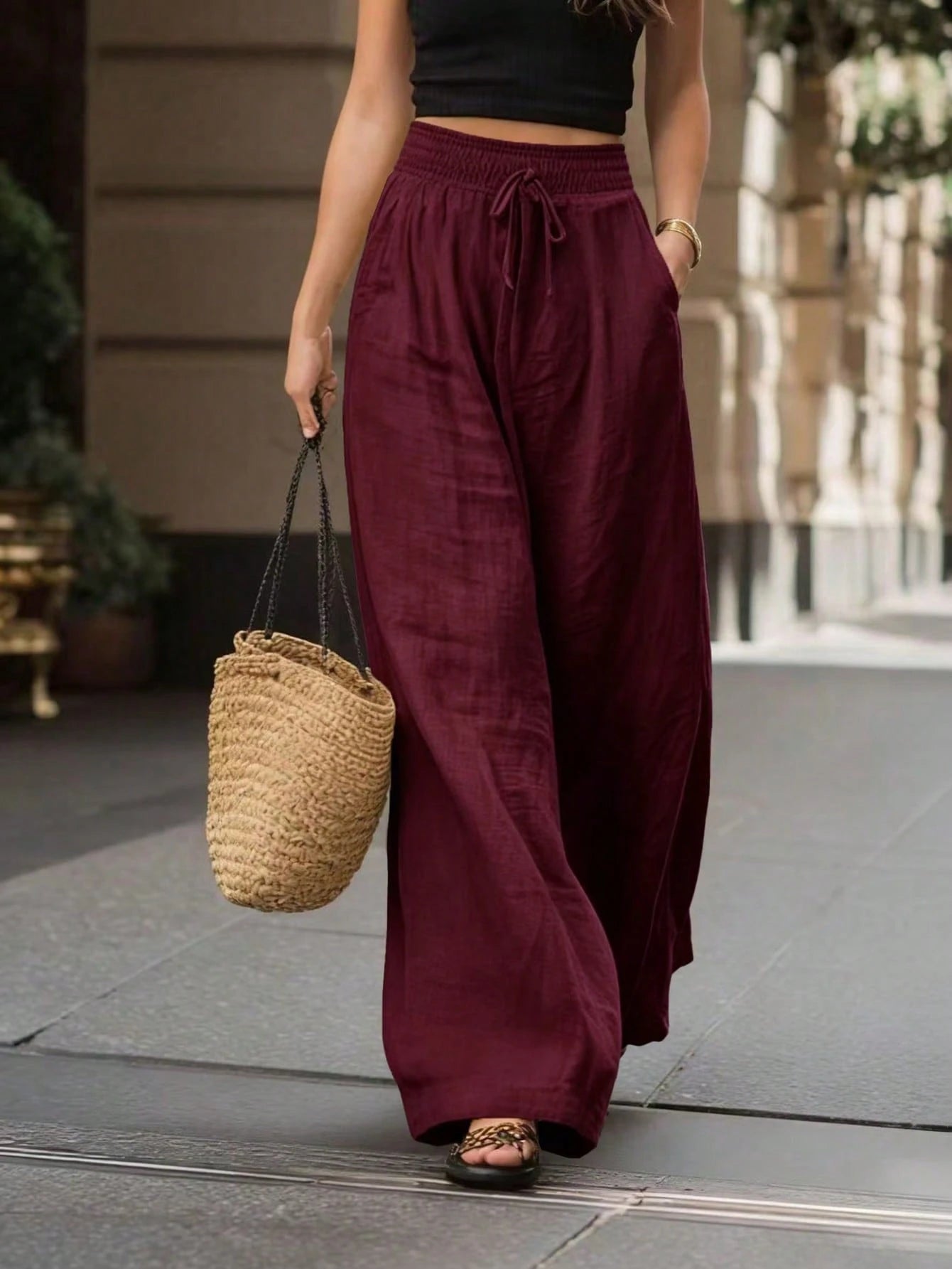 Breezaya French Style High Waist Loose Wide Leg Solid Color Women's Long Pants, Elegant Fashion, Suitable For Spring Summer Autumn Winter, Vacation, Commute, Daily Wear, Party, Beach, Casual, Romantic