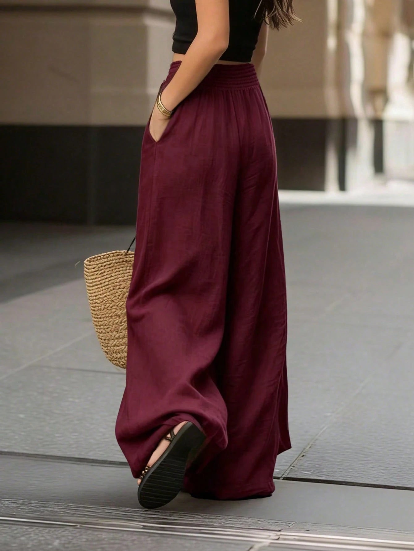 Breezaya French Style High Waist Loose Wide Leg Solid Color Women's Long Pants, Elegant Fashion, Suitable For Spring Summer Autumn Winter, Vacation, Commute, Daily Wear, Party, Beach, Casual, Romantic