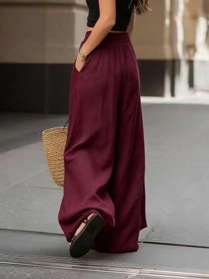 Breezaya French Style High Waist Loose Wide Leg Solid Color Women's Long Pants, Elegant Fashion, Suitable For Spring Summer Autumn Winter, Vacation, Commute, Daily Wear, Party, Beach, Casual, Romantic