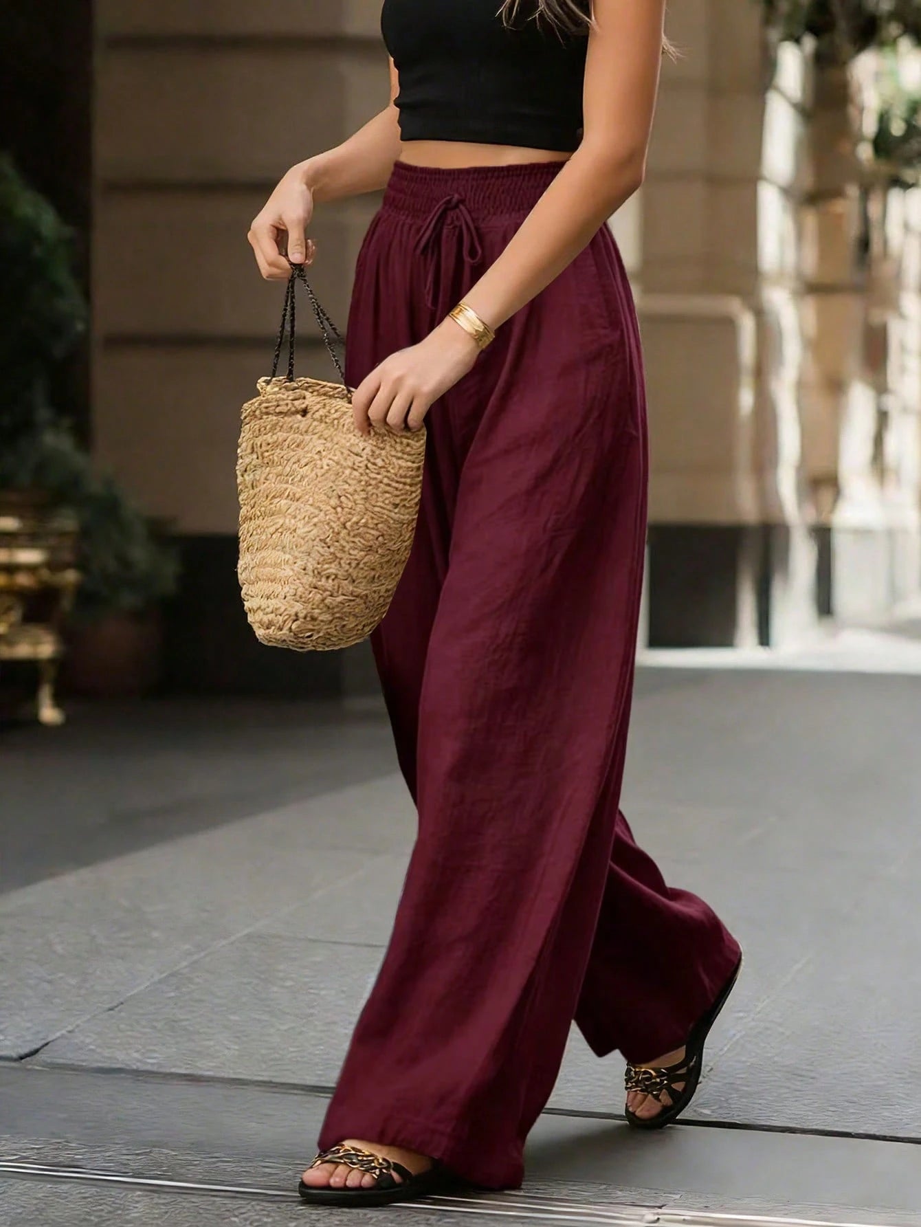 Breezaya French Style High Waist Loose Wide Leg Solid Color Women's Long Pants, Elegant Fashion, Suitable For Spring Summer Autumn Winter, Vacation, Commute, Daily Wear, Party, Beach, Casual, Romantic