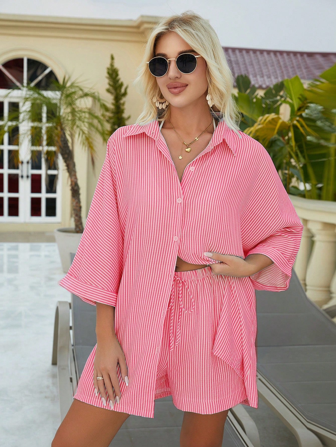 Breezaya Spring Break Beach Vacation Outfits 2pcs Women Black & White Striped 3/4 Sleeve Shirt And Shorts, Summer Beach Casual Cover-Up