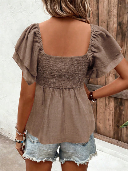 Breezaya Square Neck French Style Cap Sleeve Blouse With Flare Sleeves, Khaki, Summer, Tops For Women Summer Cute Casual Tops For Women Women's Summer Outfits Summer Casual Tops Women's Tops For Summe