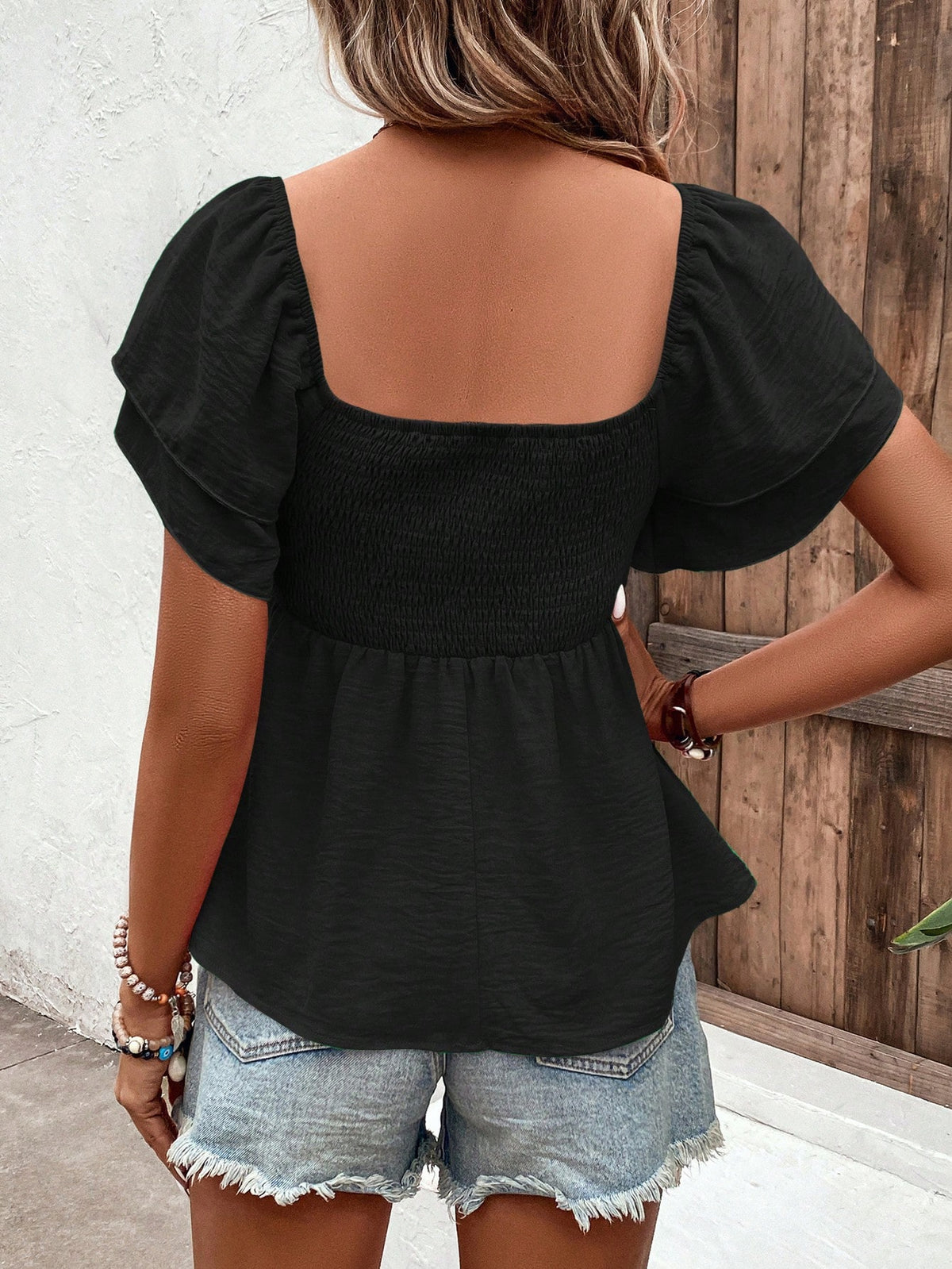Breezaya Square Neck French Style Cap Sleeve Blouse With Flare Sleeves, Khaki, Summer, Tops For Women Summer Cute Casual Tops For Women Women's Summer Outfits Summer Casual Tops Women's Tops For Summe