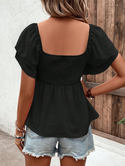 Breezaya Square Neck French Style Cap Sleeve Blouse With Flare Sleeves, Khaki, Summer, Tops For Women Summer Cute Casual Tops For Women Women's Summer Outfits Summer Casual Tops Women's Tops For Summe