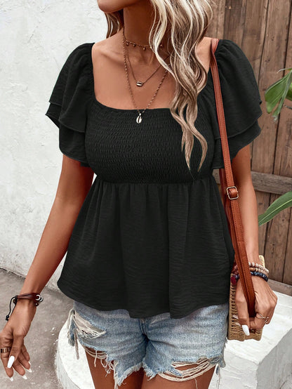 Breezaya Square Neck French Style Cap Sleeve Blouse With Flare Sleeves, Khaki, Summer, Tops For Women Summer Cute Casual Tops For Women Women's Summer Outfits Summer Casual Tops Women's Tops For Summe