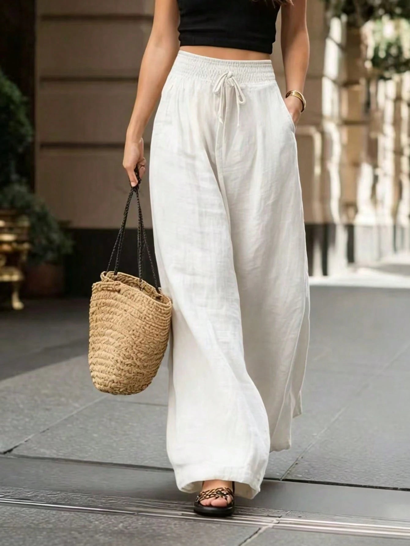 Breezaya Women Loose High-Waisted Wide-Leg Pants, Elegant White Chic Summer Vacation Holiday, Solid Color Versatile Casual Daily Wear Beach Trousers