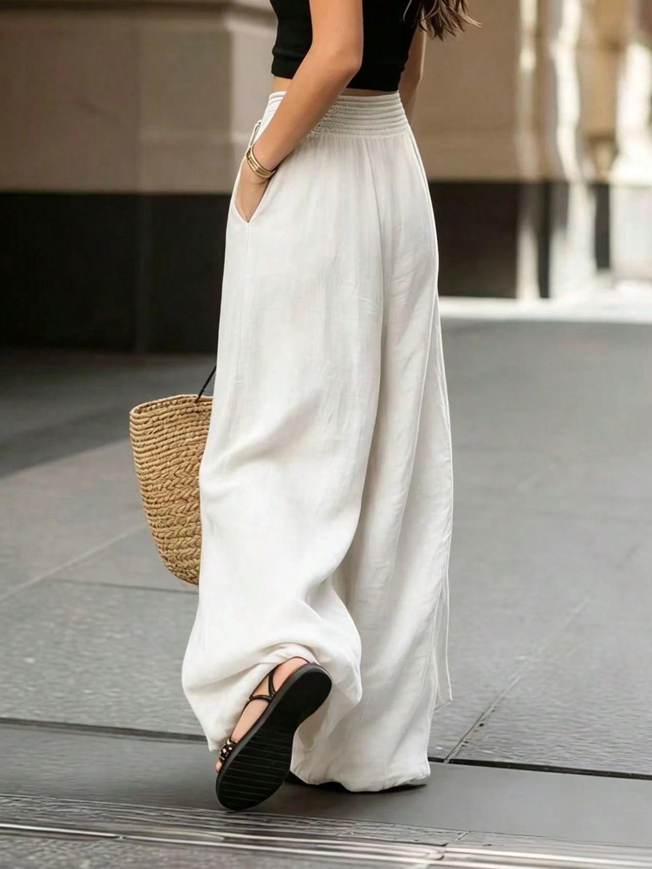 Breezaya Women Loose High-Waisted Wide-Leg Pants, Elegant White Chic Summer Vacation Holiday, Solid Color Versatile Casual Daily Wear Beach Trousers
