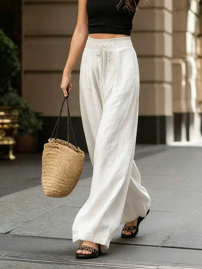 Breezaya Women Loose High-Waisted Wide-Leg Pants, Elegant White Chic Summer Vacation Holiday, Solid Color Versatile Casual Daily Wear Beach Trousers